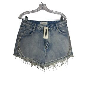 Impressions Rhinestone Fringe Denim Shorts Light Wash Blue Festival Size L